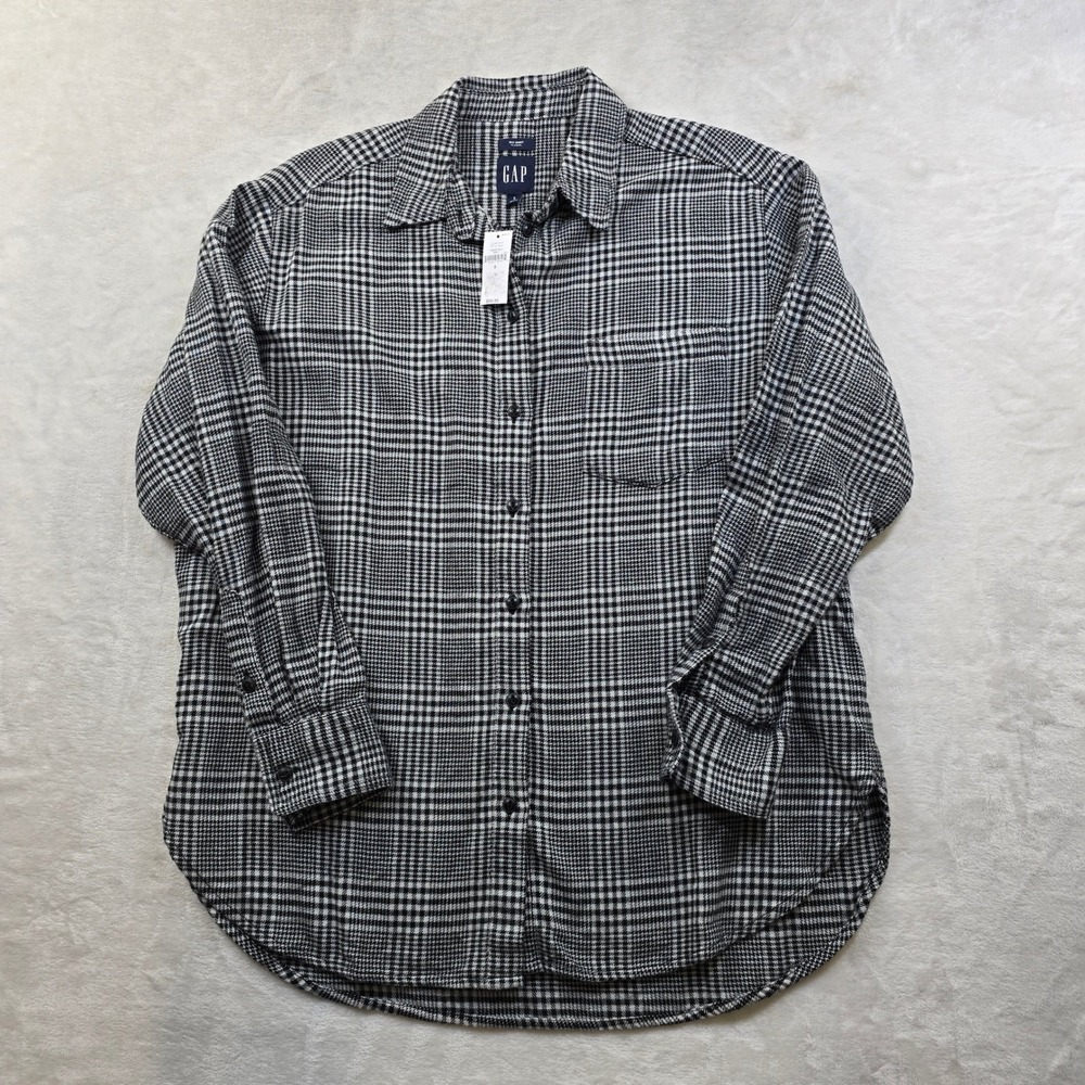 Gap Flannel Shirt Womens Small Black White Houndstooth Cotton Big Shirt NEW‎ - Picture 2 of 11